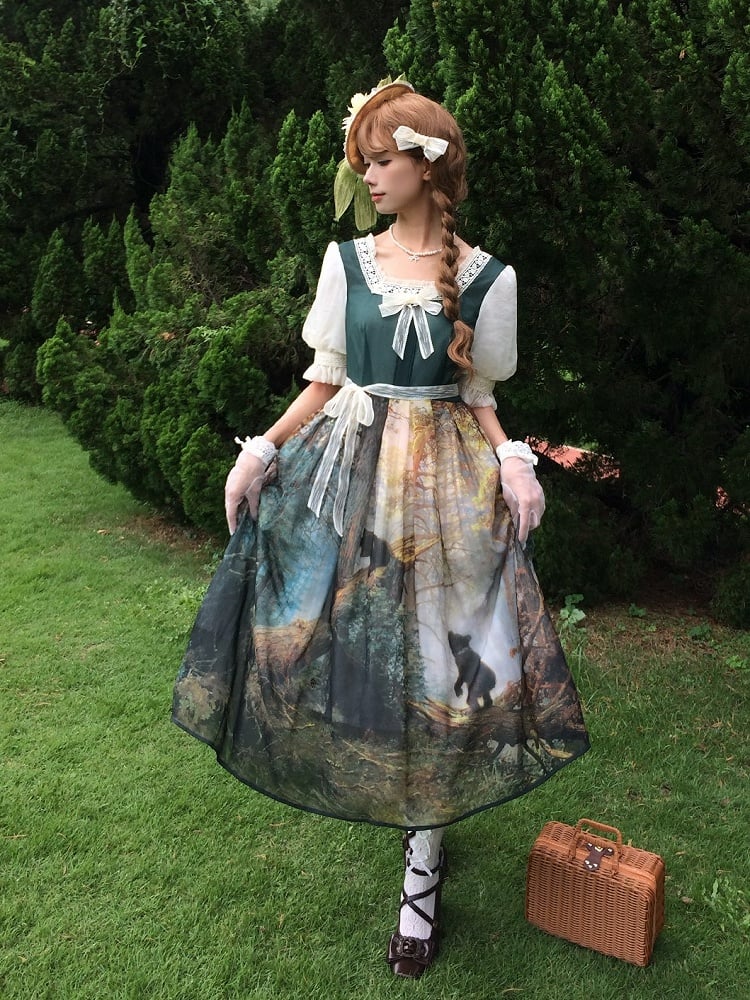 Dark Green Square Neckline Forest Print Elegant Classic Lolita Dress with Bow Detail