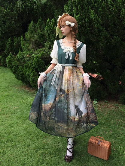 Dark Green Square Neckline Forest Print Elegant Classic Lolita Dress with Bow Detail