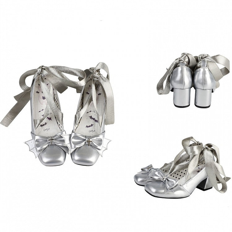 Bat Wings Bow Gothic Silver Lace-up Block Heels Balletcore Shoes