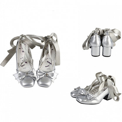Bat Wings Bow Gothic Silver Lace-up Block Heels Balletcore Shoes