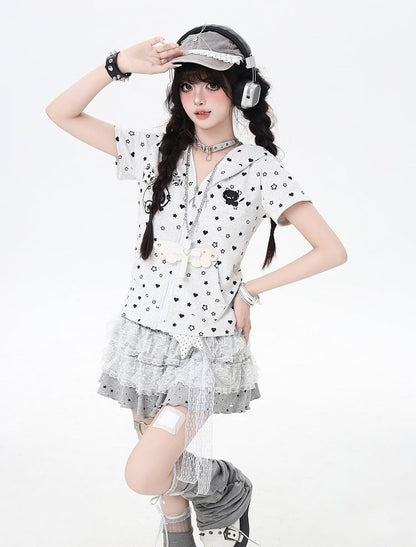 Y2K Kitty Ears Hood Allover Star and Heart Print Off White/Black Zip-up Jacket