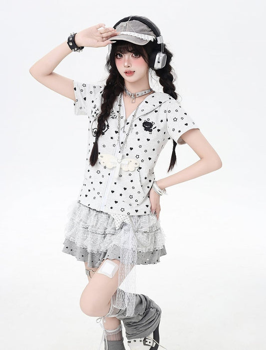 Y2K Kitty Ears Hood Allover Star and Heart Print Off White/Black Zip-up Jacket