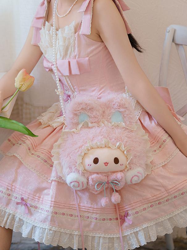 Pink Kawaii Bunny Plush Crossbody/Shoulder Bag + Bead Chain Shoulder Strap