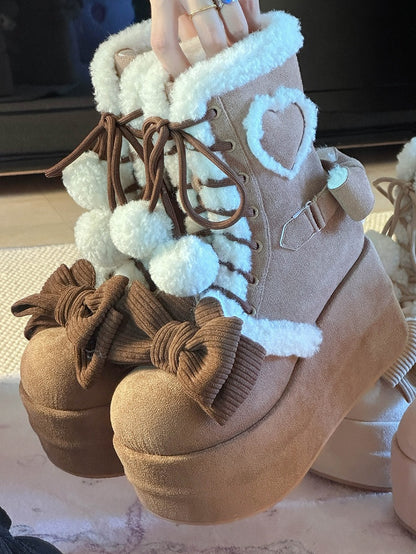 Brown Sweet Lolita Platform Snow Boots - 6cm/8.5cm Sole Options with Heart Patches & Pompom Charm Laces