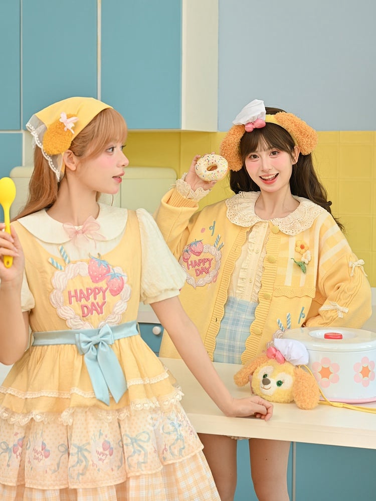 Strawberry Cake Embroidery Big Bow Creamy Yellow Tiered Skirt Sweet Lolita Dress