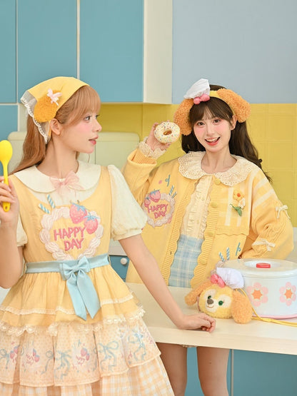 Strawberry Cake Embroidery Big Bow Creamy Yellow Tiered Skirt Sweet Lolita Dress