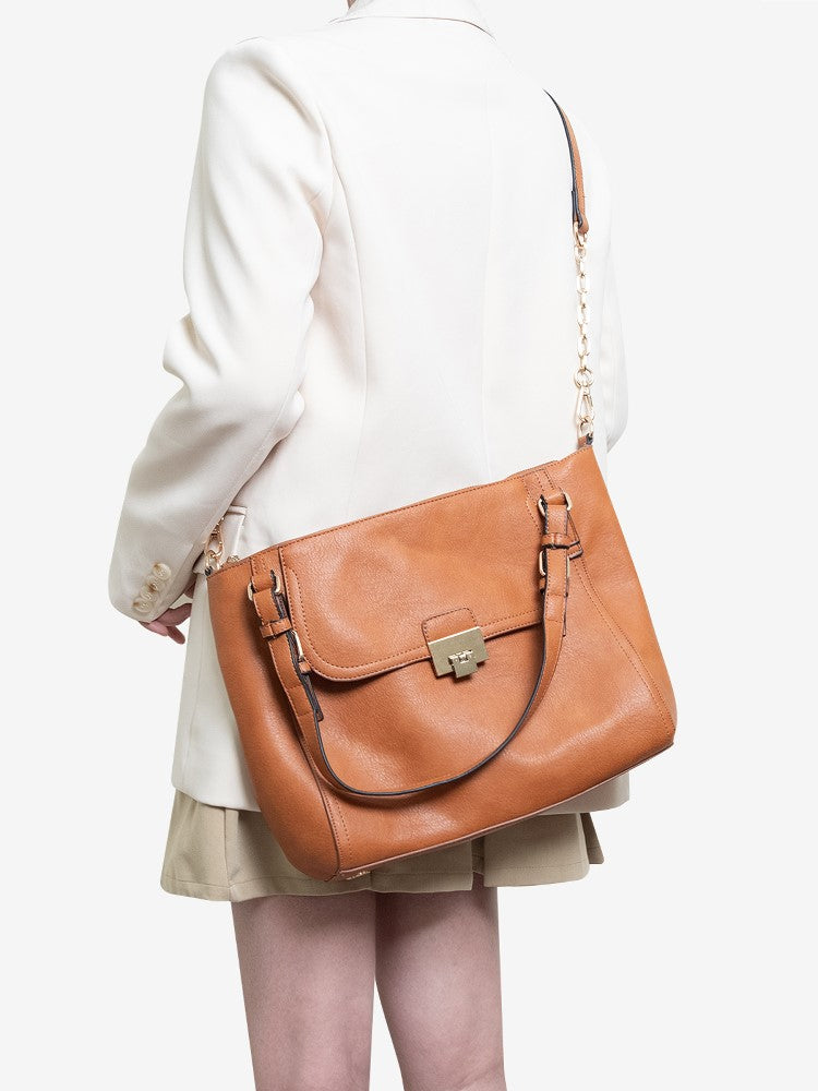 Vintage Brown Soft Tote Bag With Chain & Faux Leather Strap