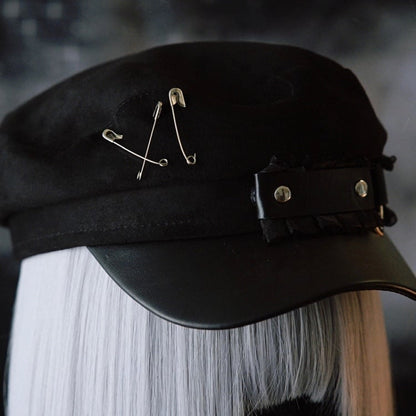 Black Gothic Pin Decorated Ruffled Trim Beret Hat