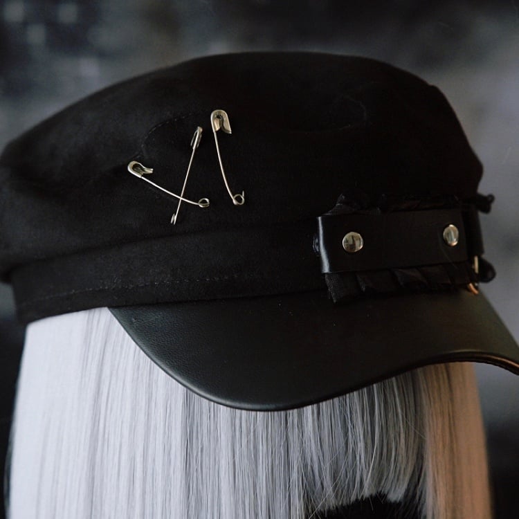 Black Gothic Pin Decorated Ruffled Trim Beret Hat
