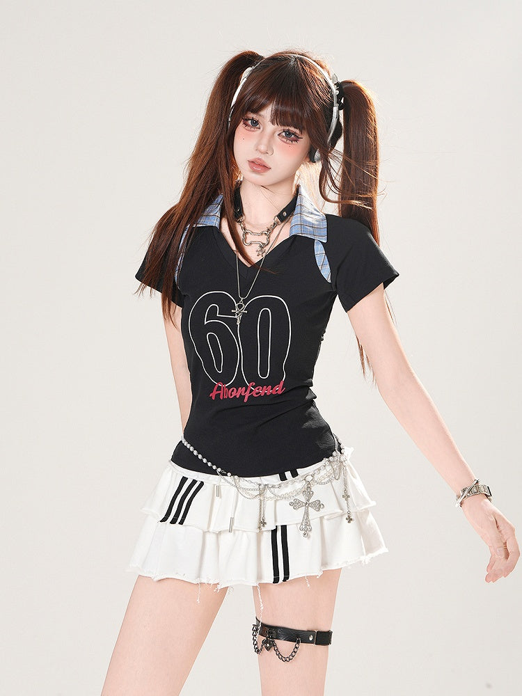 Plaid Polo Collar Number Print Black/Navy Blue Slim-fitting T-shirt