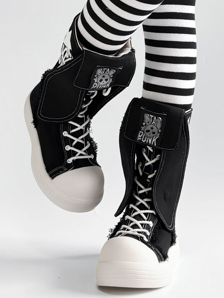 Punk Black Mid-Calf Boots - Bunny Ear Accents with Letter And Rabbit Print, Lace-Up & Inner Zip