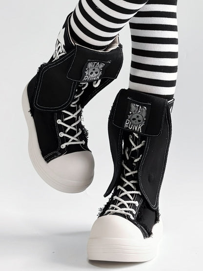 Punk Black Mid-Calf Boots - Bunny Ear Accents with Letter And Rabbit Print, Lace-Up & Inner Zip