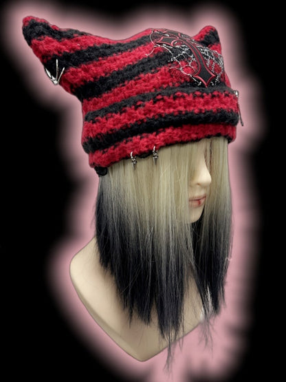 Red and Black Cross Applique Studs Design Punk Cat Ears Striped Beanie