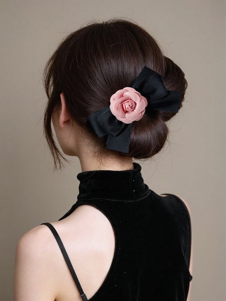 White/Pink Camellia Design Bowknot Hairclip