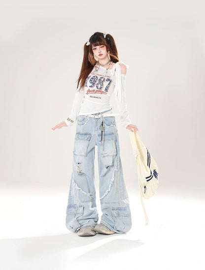 Black/Blue Low Rise Distressed Holes Raw Hem Wide-Leg Cargo Jeans