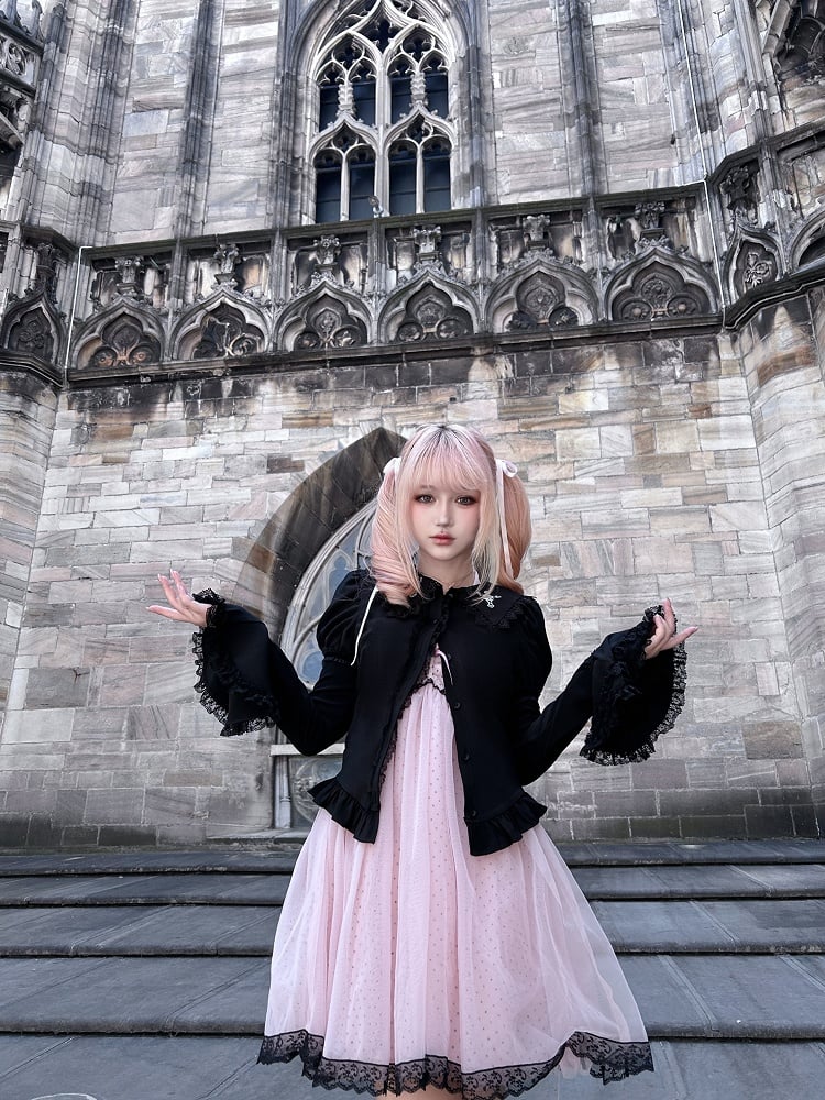 Gyaru Fashion Pink and Black Polka-dot Pattern Lace Trim Self-tie Halter Neck Slip Dress