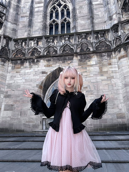 Gyaru Fashion Pink and Black Polka-dot Pattern Lace Trim Self-tie Halter Neck Slip Dress