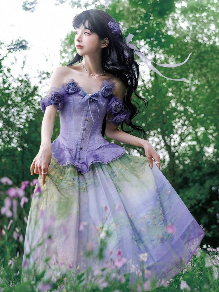 Purple Flounce Hem Boned Corset Top with Detachable Floral Adornments
