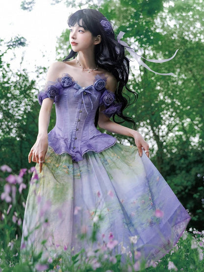 Purple Flounce Hem Boned Corset Top with Detachable Floral Adornments