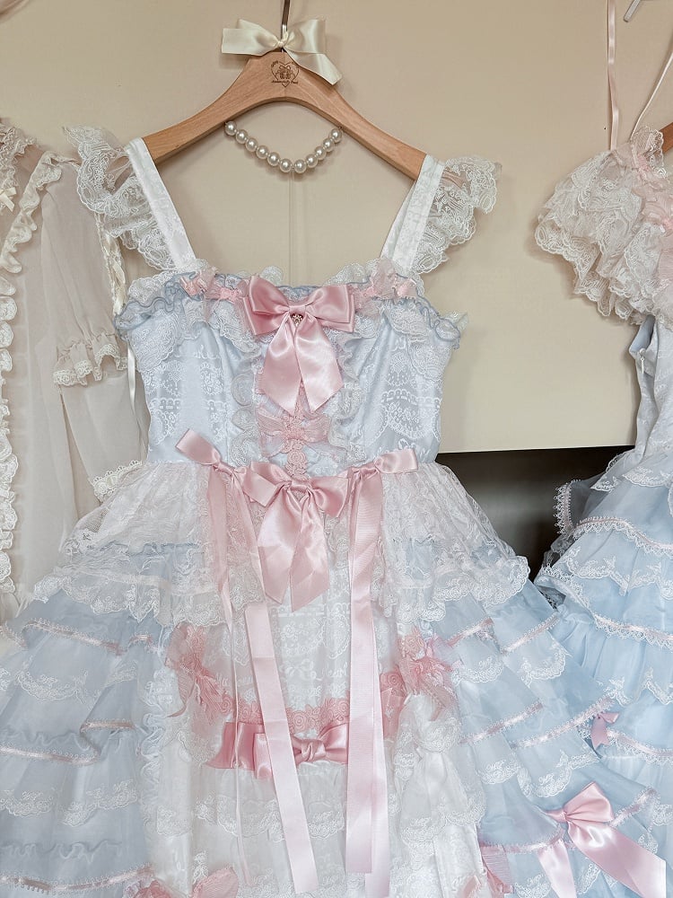Blue and Pink Bow Accents Tiered Skirt Hanayome Hime Lolita Jumper Skirt