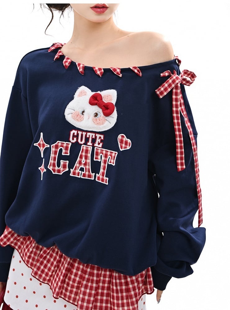 Red Plaid Self-tie Straps at Asymmetrical Neckline Kitty Embroidery Applique Navy Blue Sweatshirt