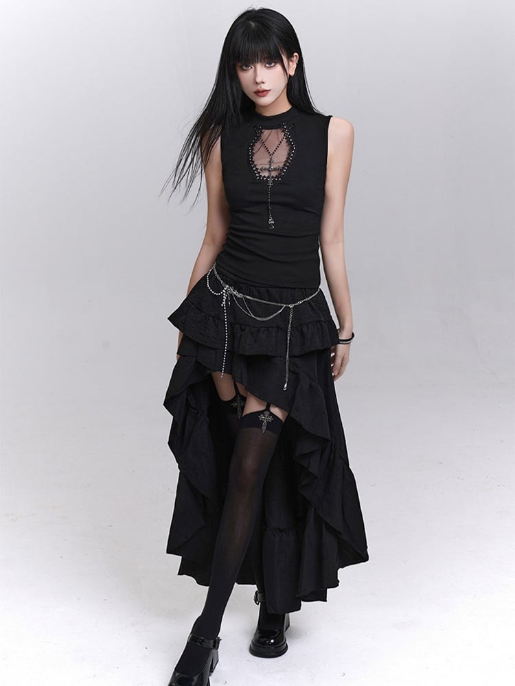 Studded Coffin-Shaped Cutout Black Tank Top with Free Cross Necklace