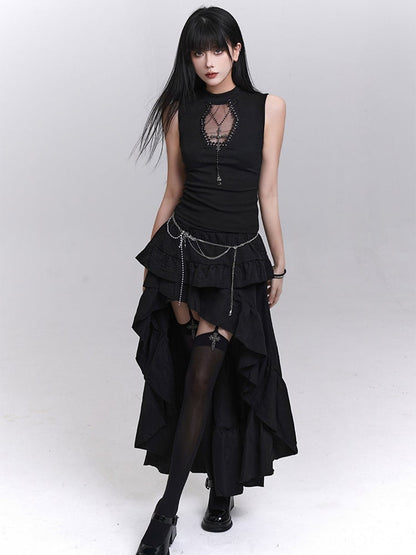 Studded Coffin-Shaped Cutout Black Tank Top with Free Cross Necklace