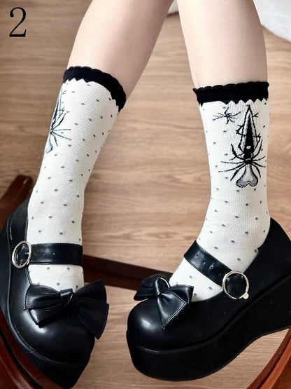 Black Sword Spider Polka-dot Pattern Lolita Calf Socks