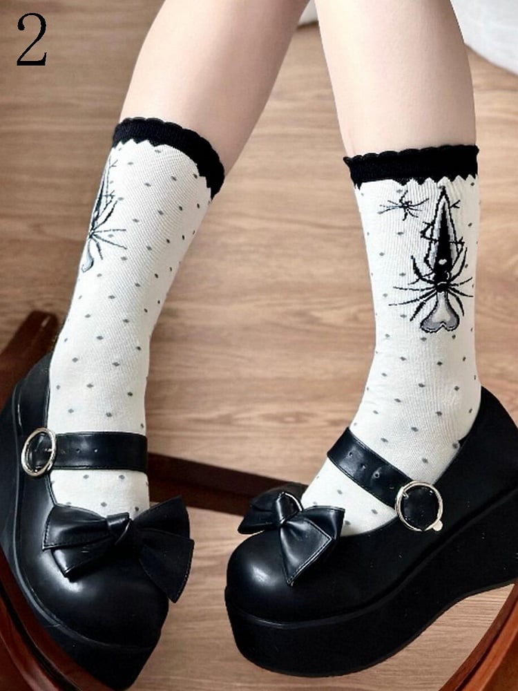 Black Sword Spider Polka-dot Pattern Lolita Calf Socks