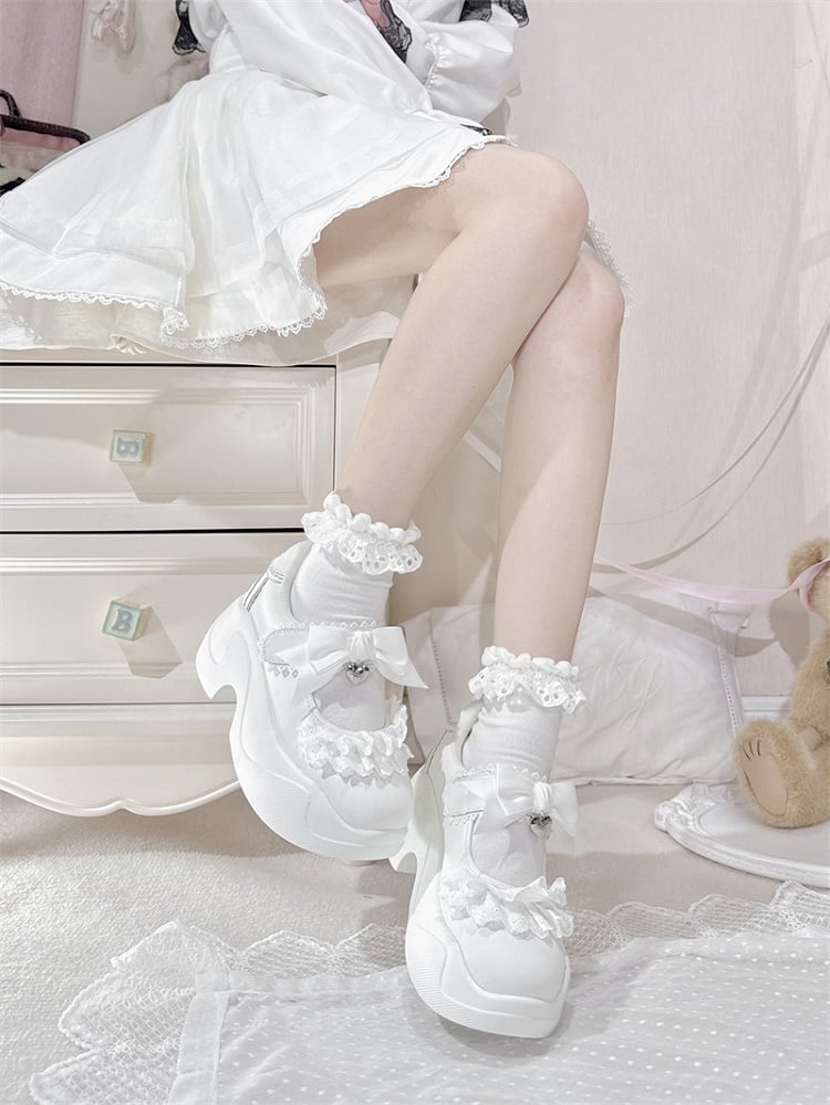 White Lace Trim Bowknot Velcro Strap Closures Jirai Kei Platforms