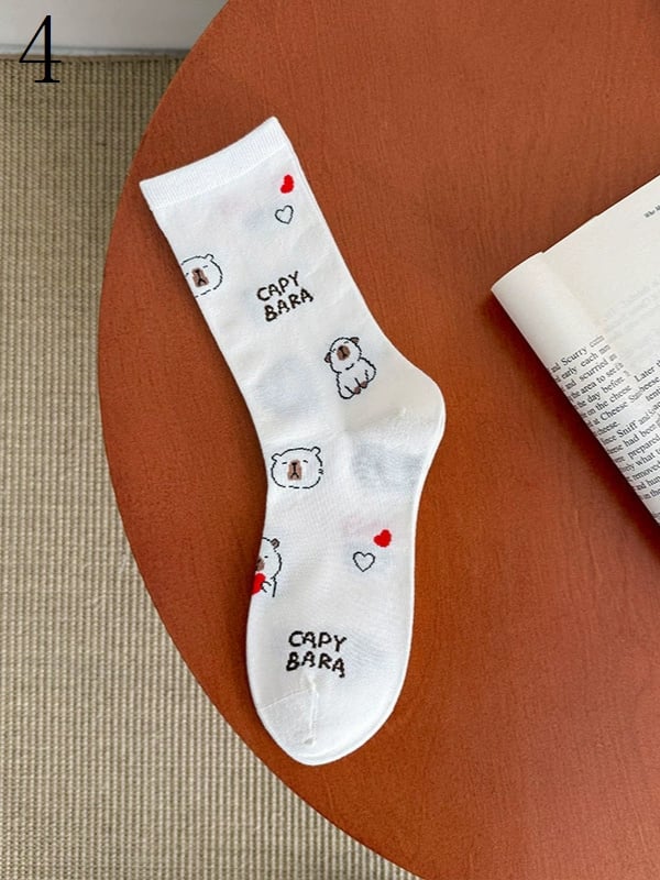 White Calf Socks With Sheep/Capy Bara/Puppy/Kitty/Bunny Patterns