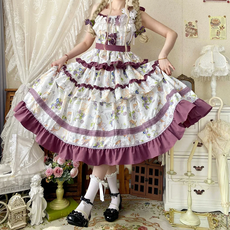 Blueberry and Ice Cream Print Tiered Skirt Purple Ruffle Trimming Lolita Dress