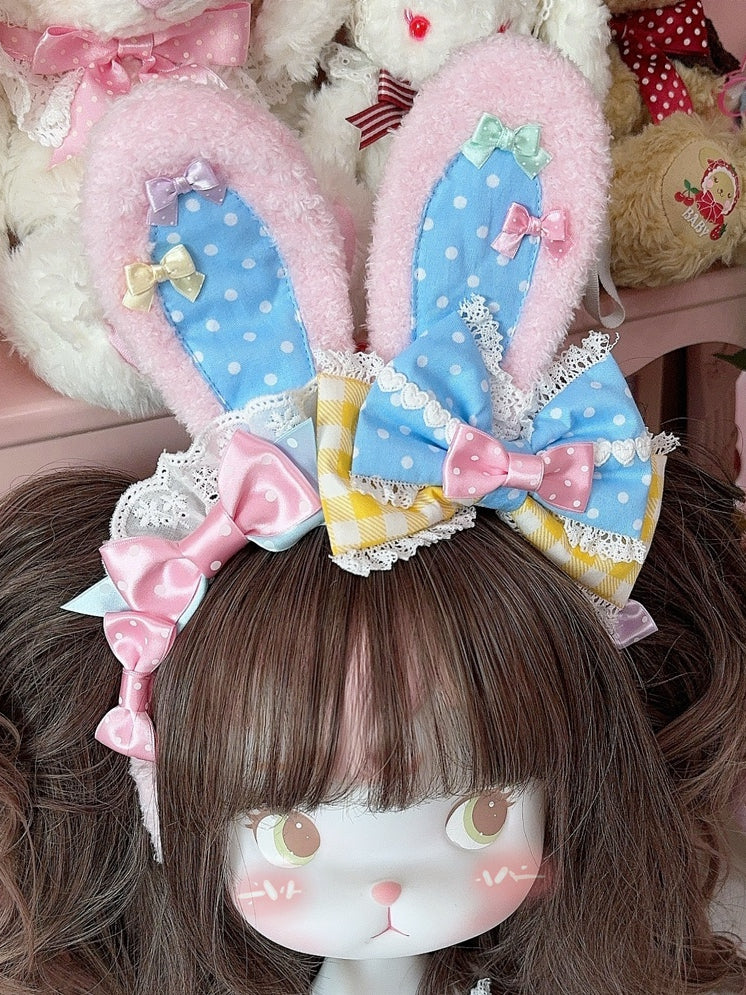 3 Color Options Polka-dot And Plaid Pattern Bowknot Details Plush Bunny Ear KC