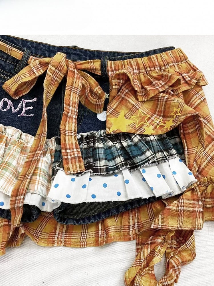 Blue Y2K Plaid And Polka-dot Pattern Shorts + Orange Plaid Pattern Letter Print Accessory