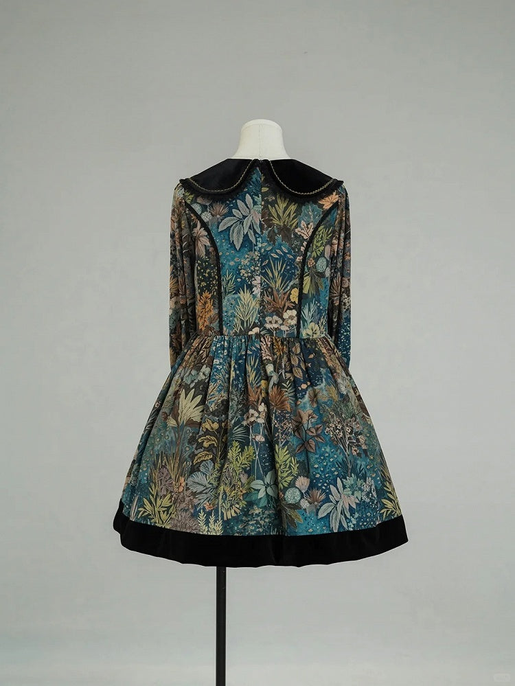Green & Blue Floral Print Long-Sleeve Elegant Classic Lolita Dress with Black Collar and Cuffs