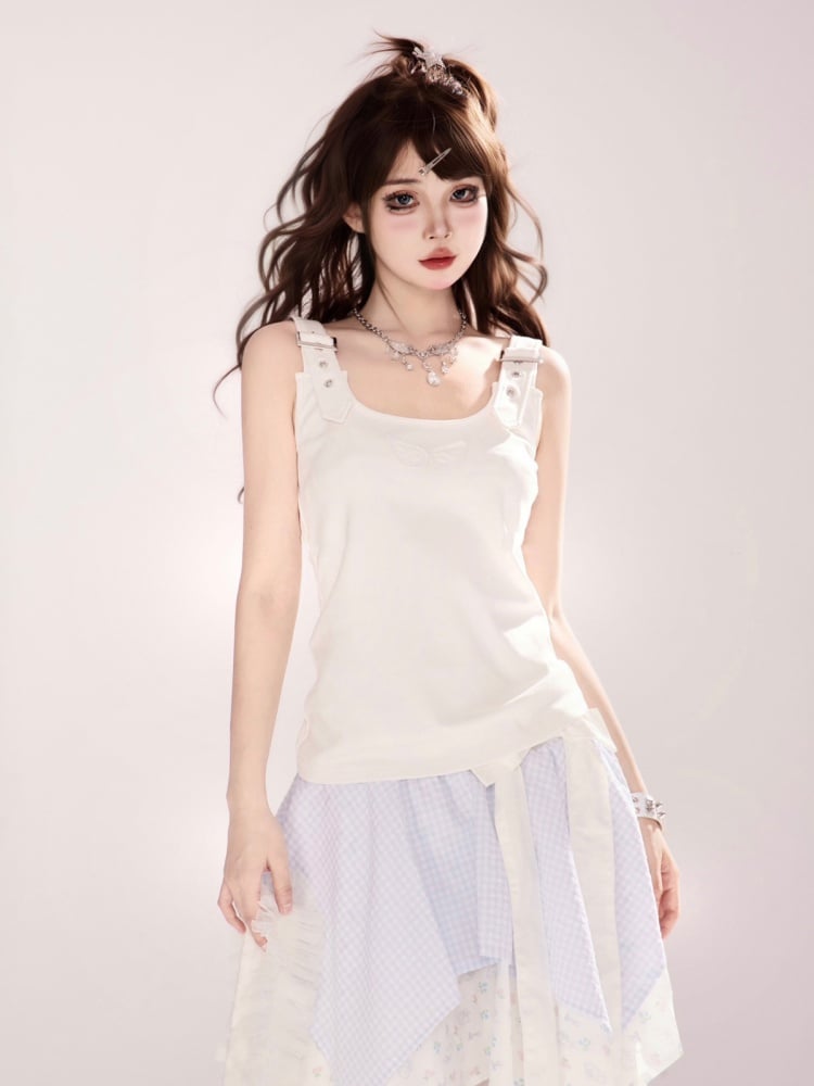 White Angel Wings Design Back Tank Top Adjustable Shoulder Straps