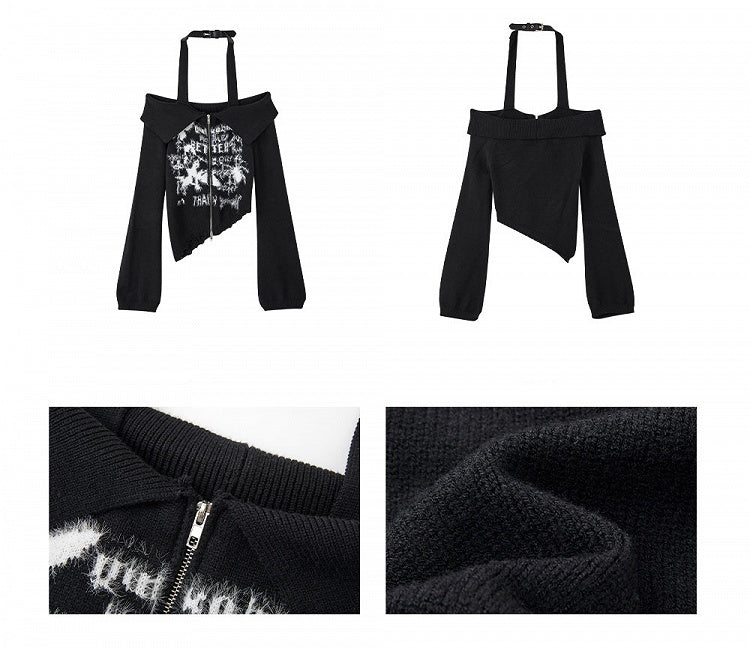 Punk Black Halter Neck Slim Fit Knit Top Cutout Shoulder