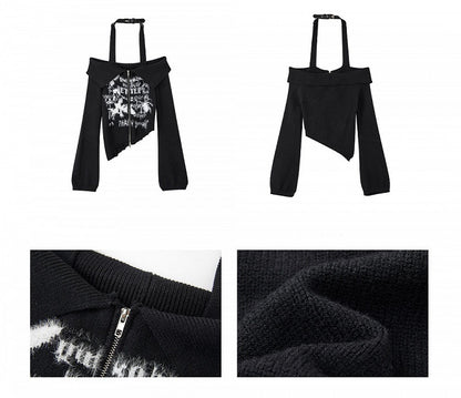 Punk Black Halter Neck Slim Fit Knit Top Cutout Shoulder