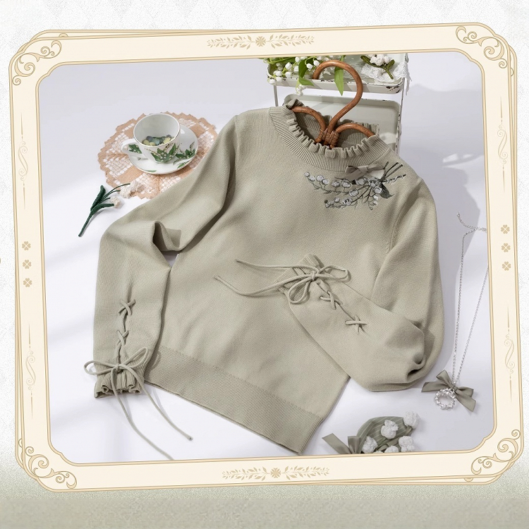 Green Lily of the Valley Embroidery Lace-up Cuffs Autumn Knit Top