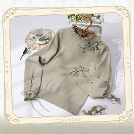 Green Lily of the Valley Embroidery Lace-up Cuffs Autumn Knit Top