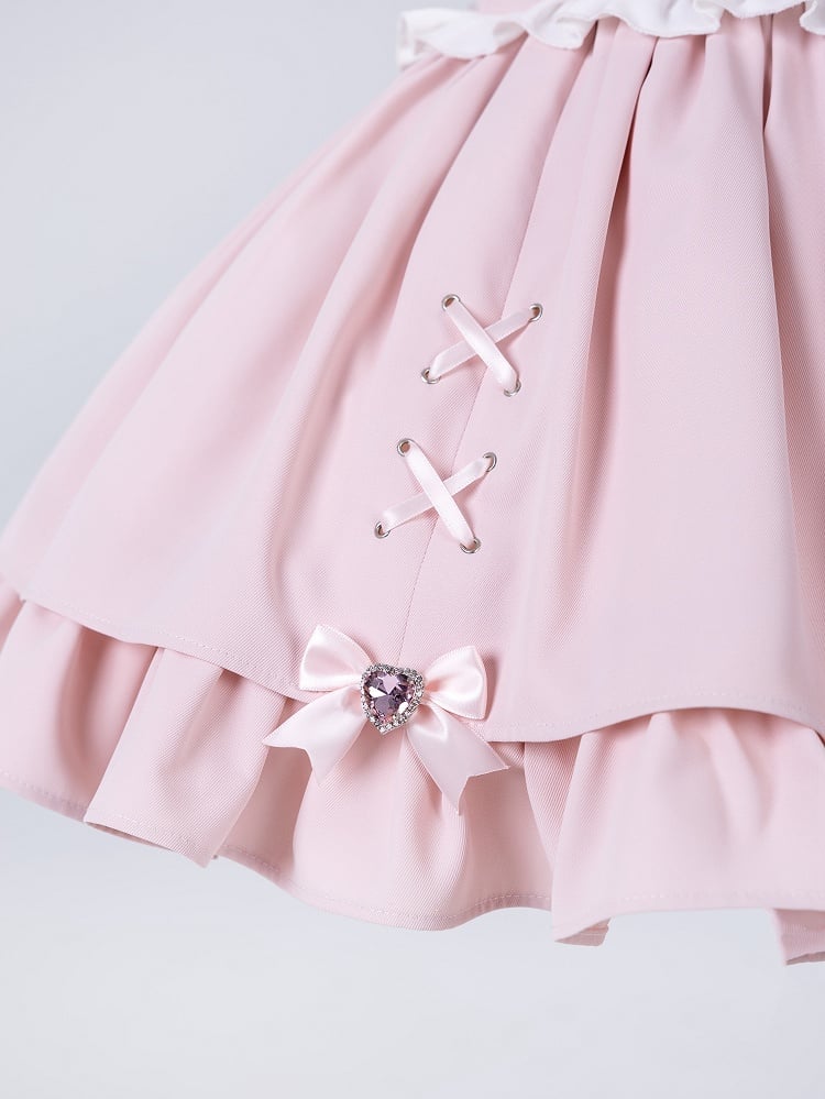 Sweet Pink Jirai Kei High Waist Layered Skirt Smocked Elastic and Self-tie Bow Back