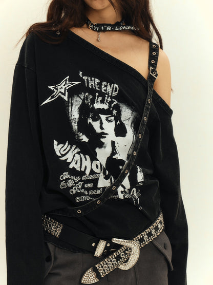 Punk Y2K Black Asymmetrical Cutout Shoulder Top