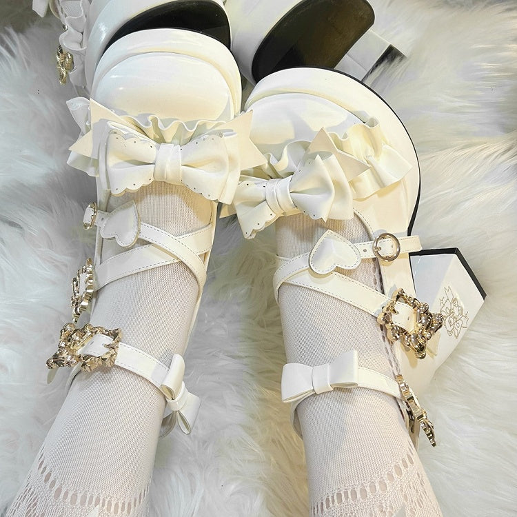 White Bear Buckle Straps Bowknot High Block Heels with Bear Embroidery