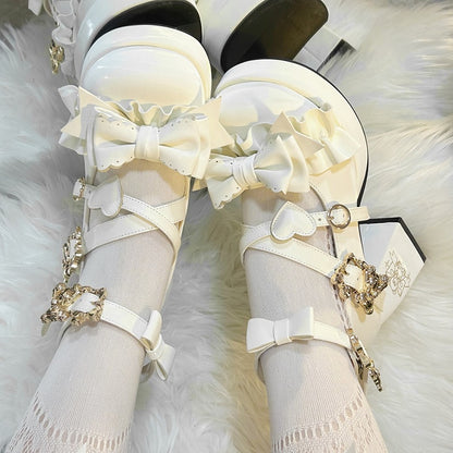 White Bear Buckle Straps Bowknot High Block Heels with Bear Embroidery