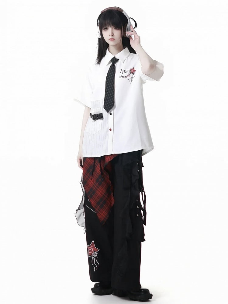 Contrast Red and Black Buttons Leather Buckle Strap White Short Sleeves Shirt Long/Short Version