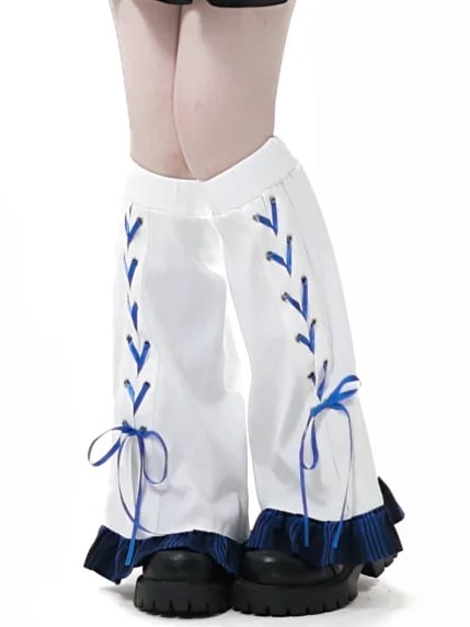 Blue Plaid Hem Lace-up Detail White Leg Warmers