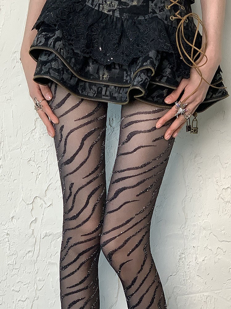 Black Punk Zebra Stripes Shimmering Tights