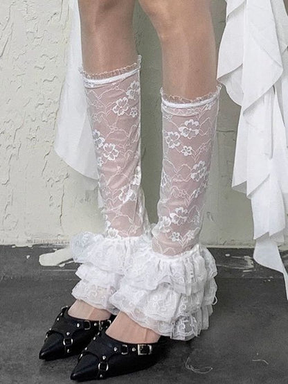 White Y2K Floral Pattern Ruffle Trims Semi-sheer Leg Seeves