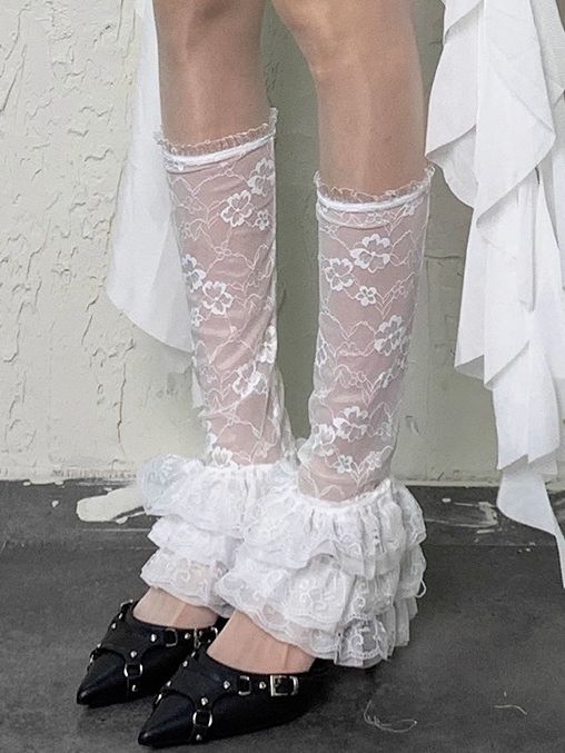 White Y2K Floral Pattern Ruffle Trims Semi-sheer Leg Seeves