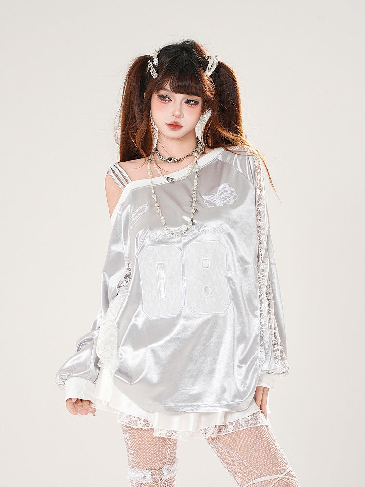 Asymmetrical Neckline Butterfly Embroidery Lace Patches Black/Silver Top